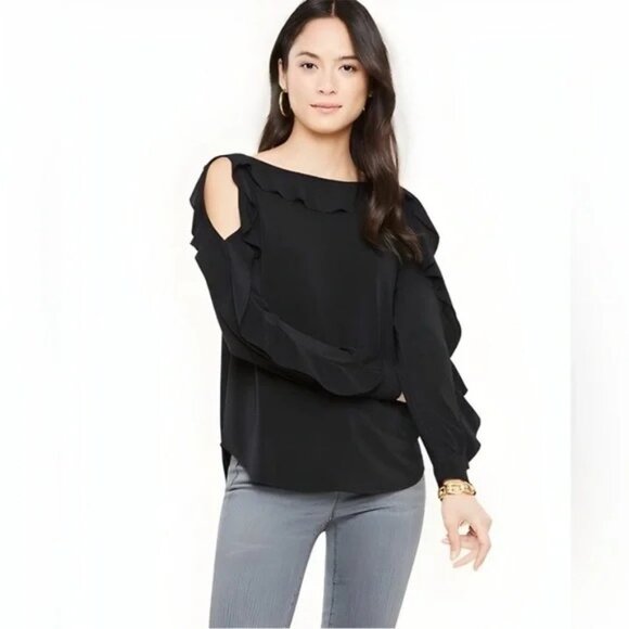 ANN TAYLOR Black Cold Shoulder Boatneck Ruffle Long-Sleeve Blouse Medium - Picture 2 of 7